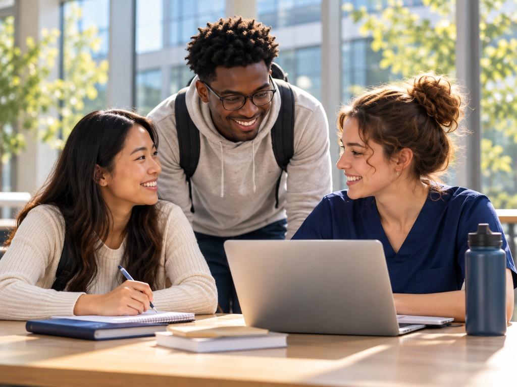 Students collaborating around a laptop on campus