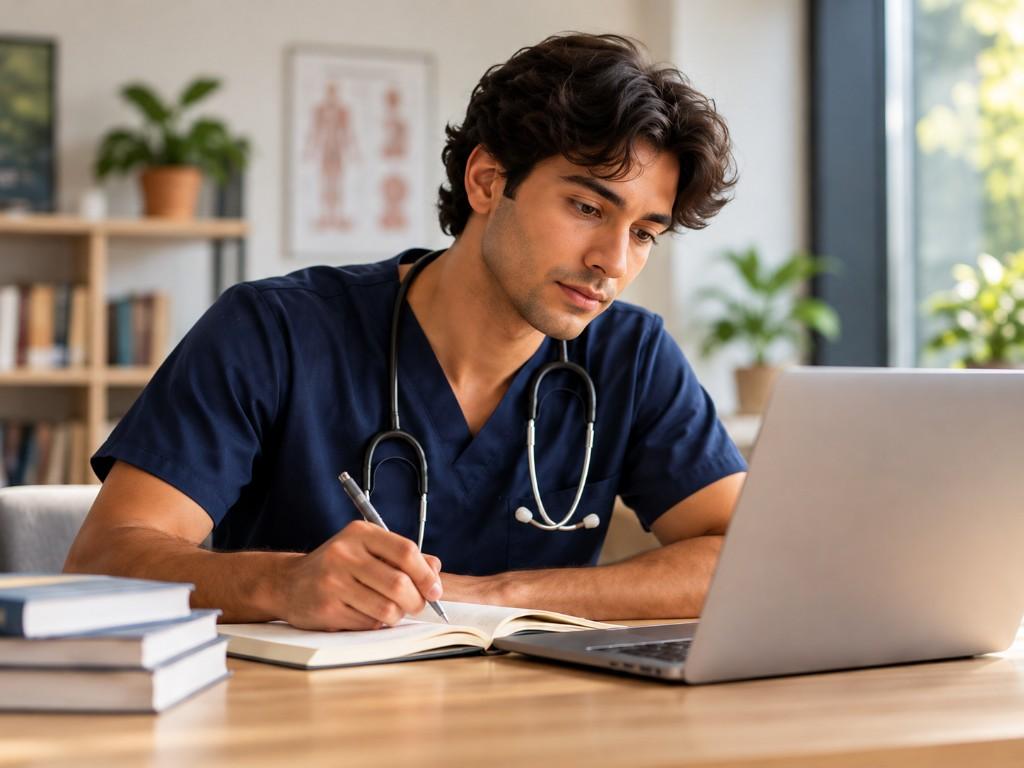 Clinician writing clinical cases beside a laptop
